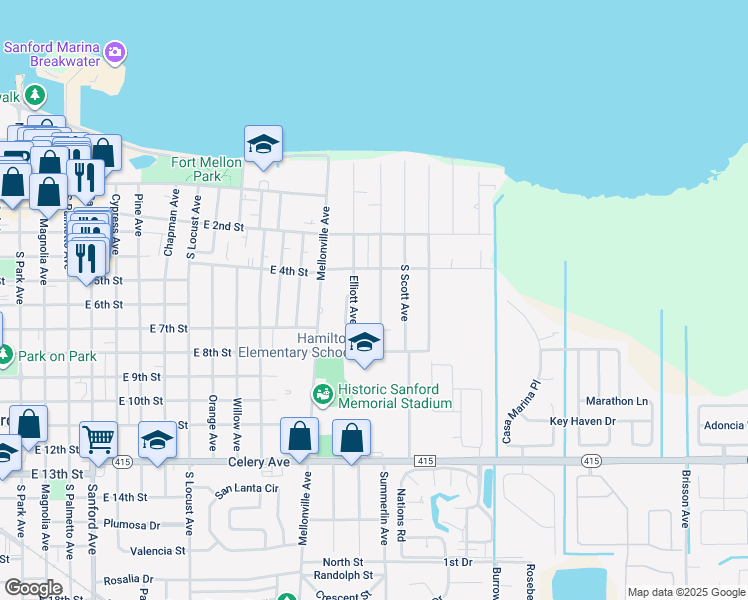 map of restaurants, bars, coffee shops, grocery stores, and more near 431 Elliott Avenue in Sanford