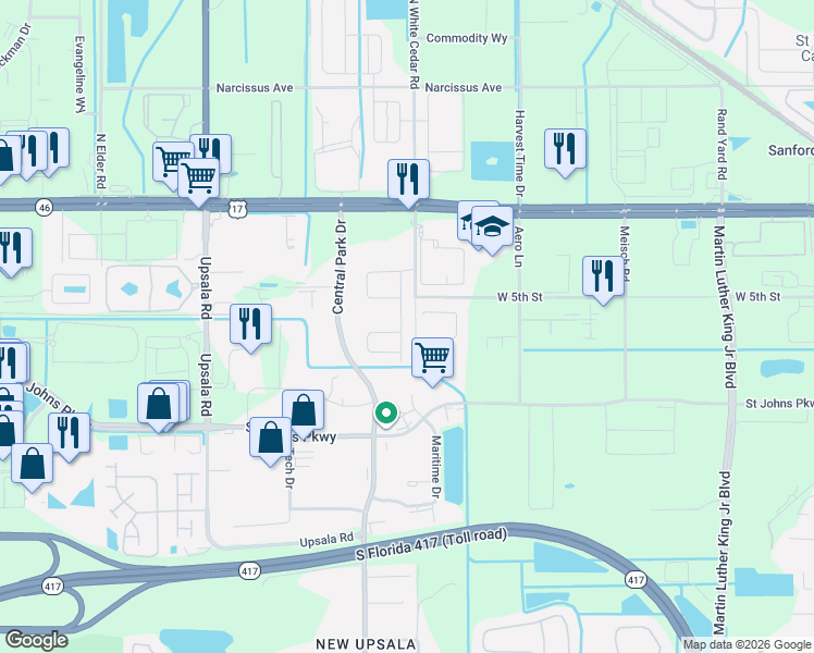 map of restaurants, bars, coffee shops, grocery stores, and more near 210 Cedar Bark Lane in Sanford
