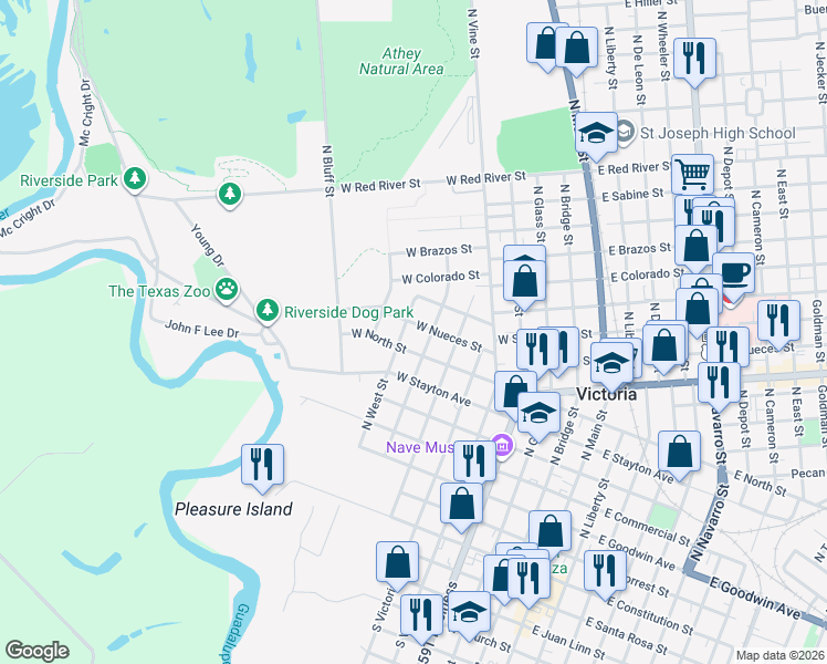 map of restaurants, bars, coffee shops, grocery stores, and more near 805 West Nueces Street in Victoria