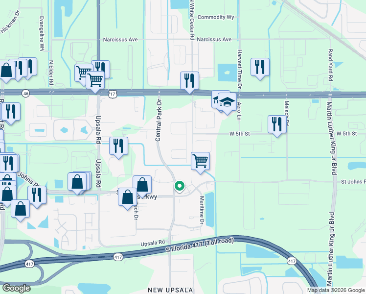 map of restaurants, bars, coffee shops, grocery stores, and more near 210 Cedar Bark Lane in Sanford