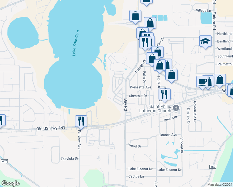 map of restaurants, bars, coffee shops, grocery stores, and more near 12 Palmetto Patch Road in Mount Dora
