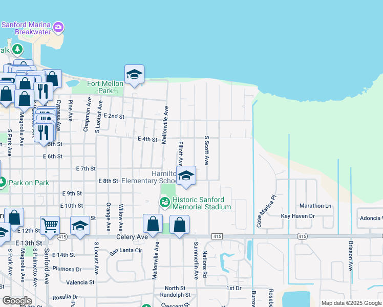 map of restaurants, bars, coffee shops, grocery stores, and more near 431 Elliott Avenue in Sanford