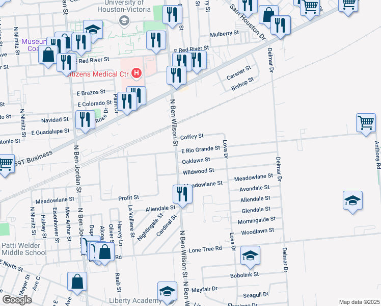 map of restaurants, bars, coffee shops, grocery stores, and more near 2902 East Rio Grande Street in Victoria