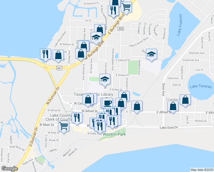 map of restaurants, bars, coffee shops, grocery stores, and more near 610 North New Hampshire Avenue in Tavares