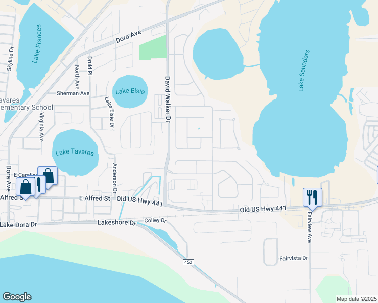 map of restaurants, bars, coffee shops, grocery stores, and more near 4156 Waltham Forest Drive in Tavares