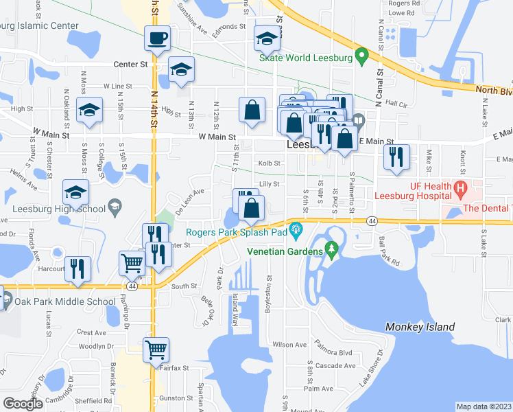 map of restaurants, bars, coffee shops, grocery stores, and more near 420 Euclid Avenue in Leesburg