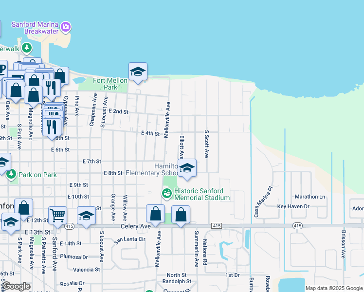 map of restaurants, bars, coffee shops, grocery stores, and more near 431 Elliott Avenue in Sanford