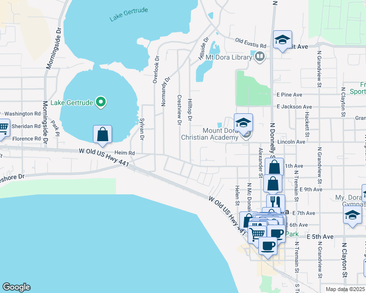map of restaurants, bars, coffee shops, grocery stores, and more near 1218 Crestview Drive in Mount Dora