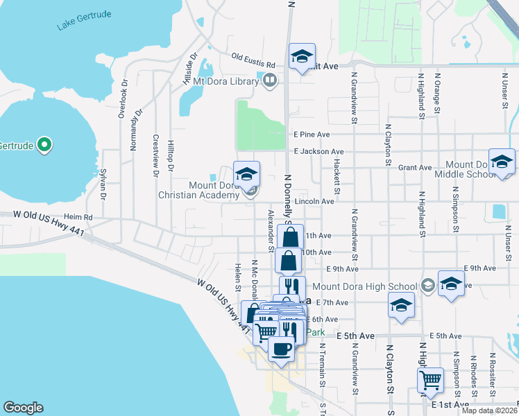 map of restaurants, bars, coffee shops, grocery stores, and more near 220 West 13th Avenue in Mount Dora