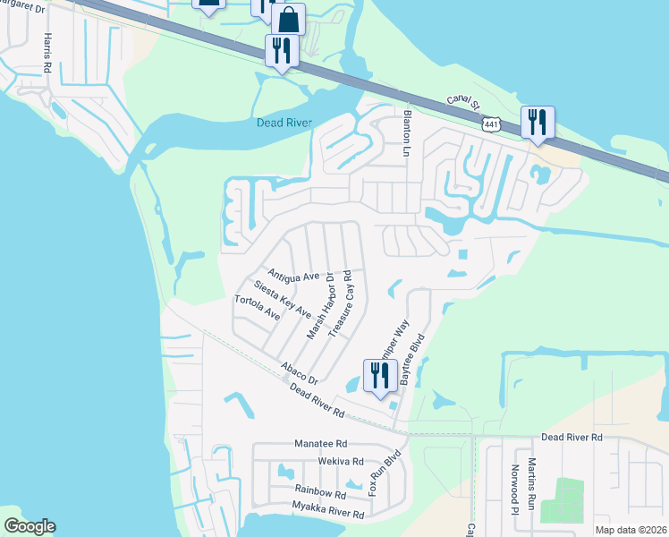 map of restaurants, bars, coffee shops, grocery stores, and more near 4530 Treasure Cay Road in Tavares