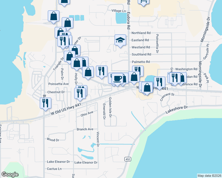 map of restaurants, bars, coffee shops, grocery stores, and more near 14 Circle Drive in Mount Dora