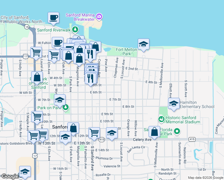 map of restaurants, bars, coffee shops, grocery stores, and more near 515 Pine Avenue in Sanford