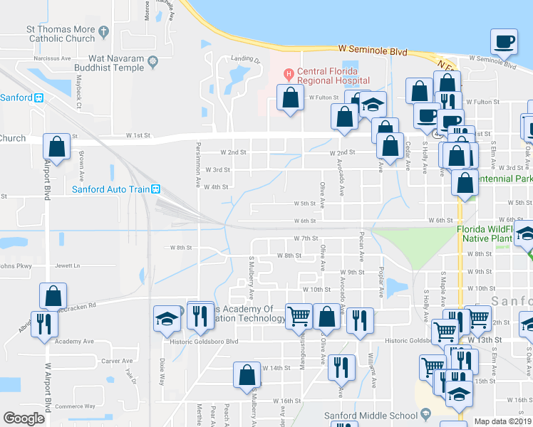 map of restaurants, bars, coffee shops, grocery stores, and more near 66 West 6th Street in Sanford