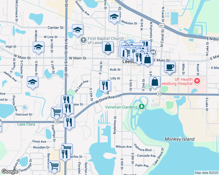 map of restaurants, bars, coffee shops, grocery stores, and more near 909 Lilly Street in Leesburg