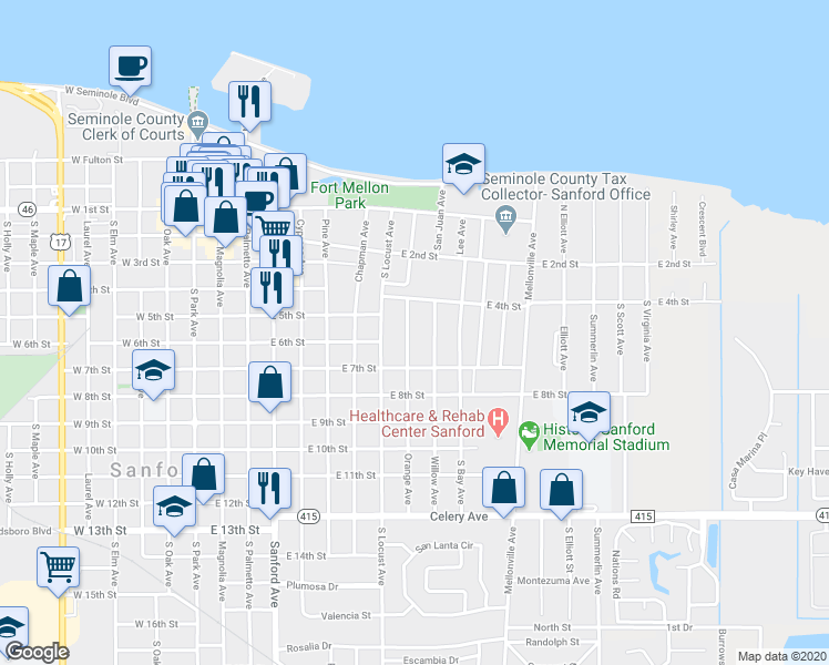 map of restaurants, bars, coffee shops, grocery stores, and more near 413 Orange Avenue in Sanford