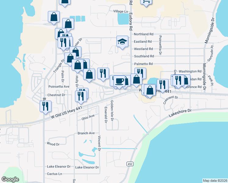 map of restaurants, bars, coffee shops, grocery stores, and more near 14 Circle Drive in Mount Dora