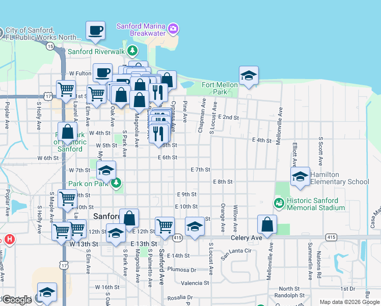 map of restaurants, bars, coffee shops, grocery stores, and more near 515 Pine Avenue in Sanford