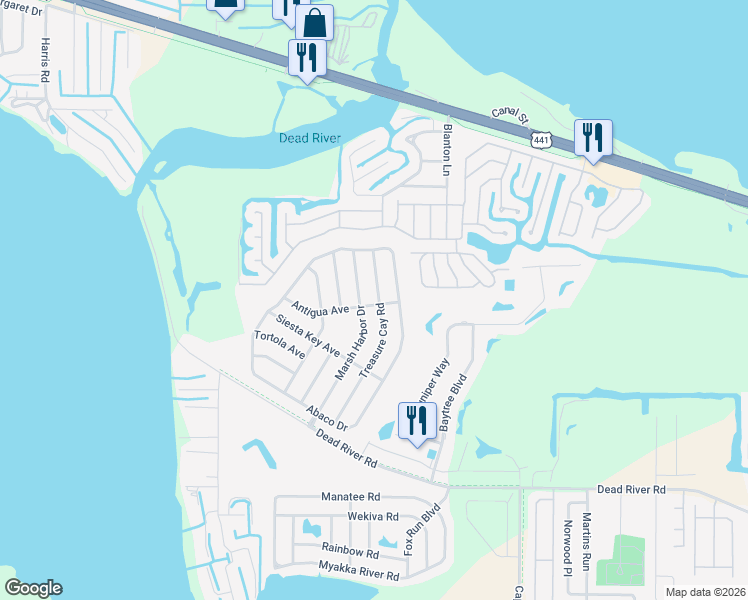 map of restaurants, bars, coffee shops, grocery stores, and more near 4530 Treasure Cay Road in Tavares