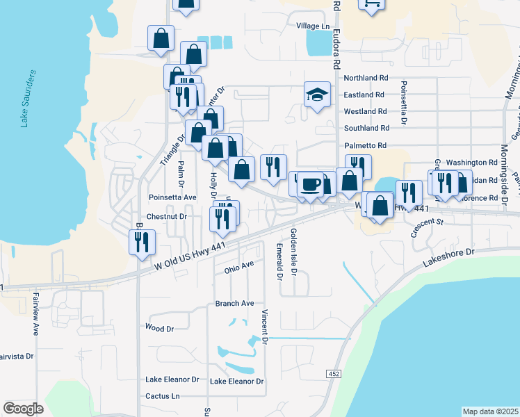 map of restaurants, bars, coffee shops, grocery stores, and more near 16 Sunset Boulevard in Mount Dora