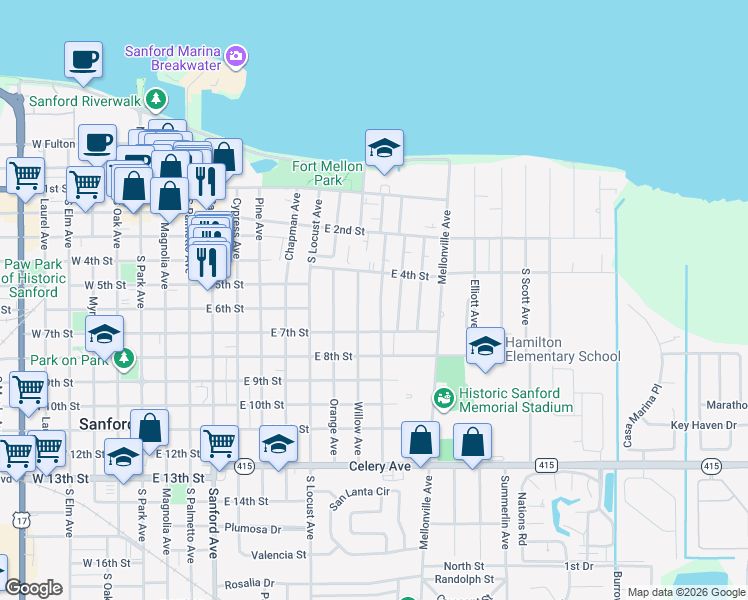map of restaurants, bars, coffee shops, grocery stores, and more near 412 South Bay Avenue in Sanford
