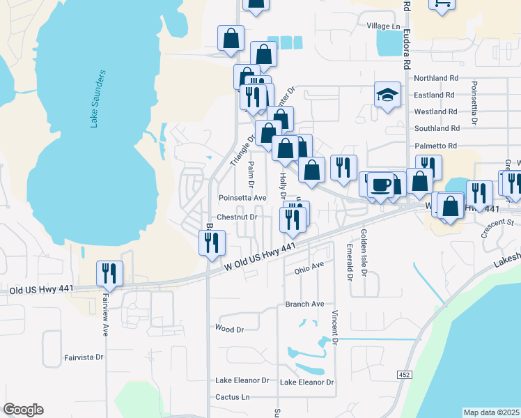 map of restaurants, bars, coffee shops, grocery stores, and more near 7 Peacock Drive in Mount Dora