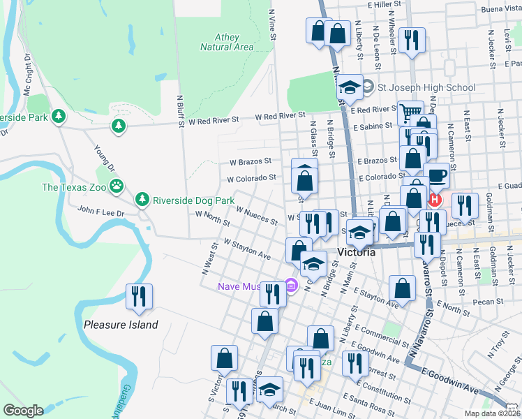 map of restaurants, bars, coffee shops, grocery stores, and more near 803 North Craig Street in Victoria