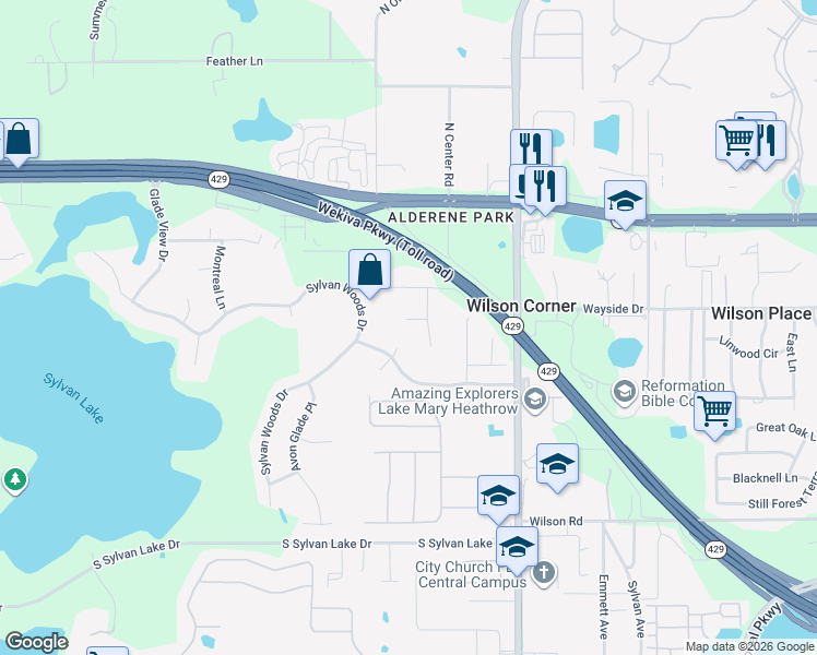 map of restaurants, bars, coffee shops, grocery stores, and more near 595 Milano Court in Sanford