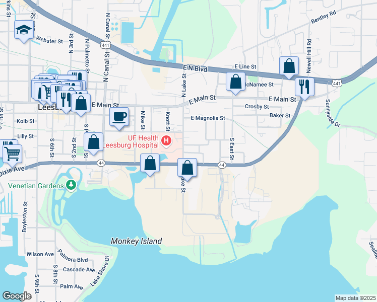 map of restaurants, bars, coffee shops, grocery stores, and more near 804 Douglas Street in Leesburg