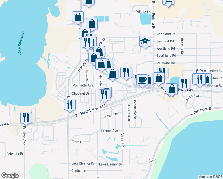 map of restaurants, bars, coffee shops, grocery stores, and more near 3695 Dale Court in Mount Dora