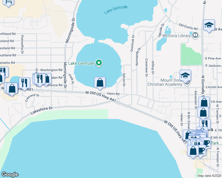 map of restaurants, bars, coffee shops, grocery stores, and more near 1343 Heim Road in Mount Dora