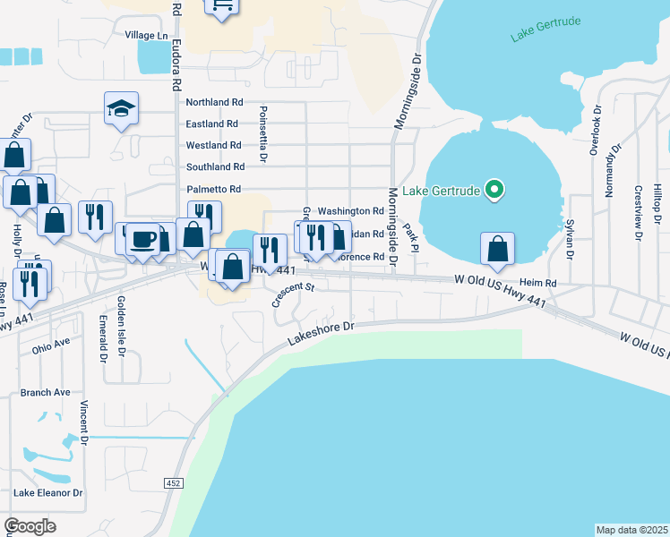 map of restaurants, bars, coffee shops, grocery stores, and more near 2247 West Old US Highway 441 in Mount Dora