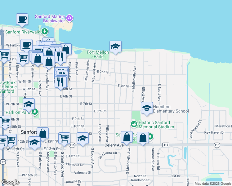 map of restaurants, bars, coffee shops, grocery stores, and more near 412 South Bay Avenue in Sanford