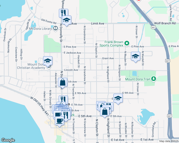 map of restaurants, bars, coffee shops, grocery stores, and more near 1295 North Grandview Street in Mount Dora