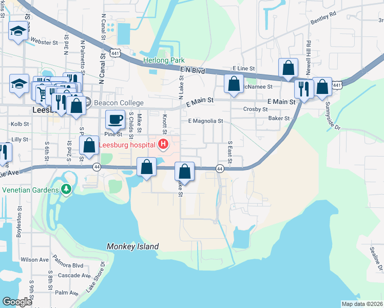 map of restaurants, bars, coffee shops, grocery stores, and more near 822 Douglas Street in Leesburg