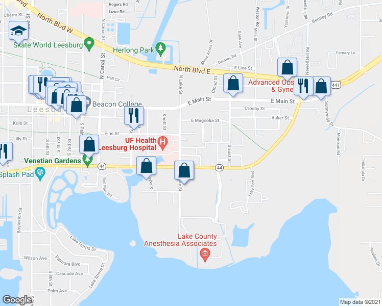 map of restaurants, bars, coffee shops, grocery stores, and more near 818 Douglas Street in Leesburg