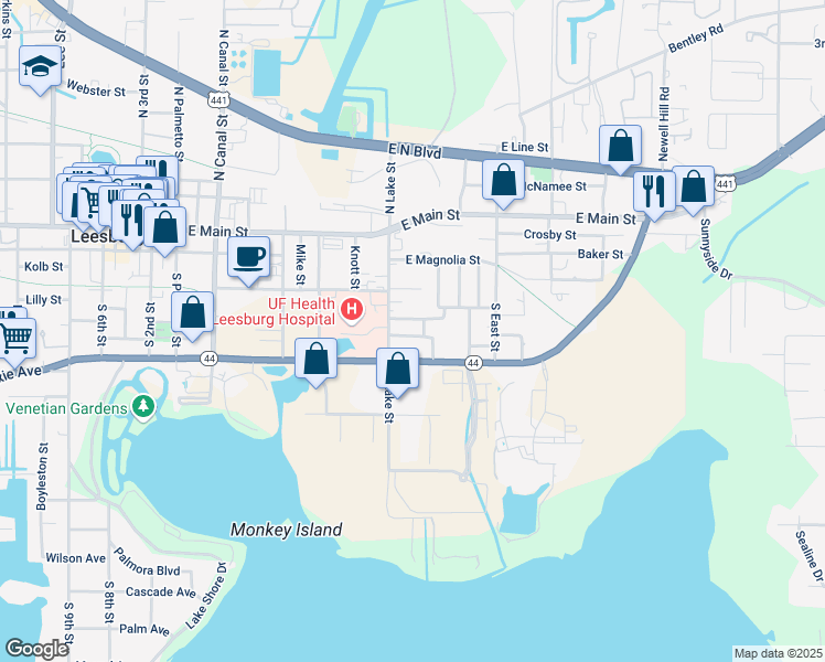 map of restaurants, bars, coffee shops, grocery stores, and more near 816 Douglas Street in Leesburg