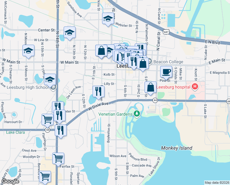 map of restaurants, bars, coffee shops, grocery stores, and more near 422 South 9th Street in Leesburg