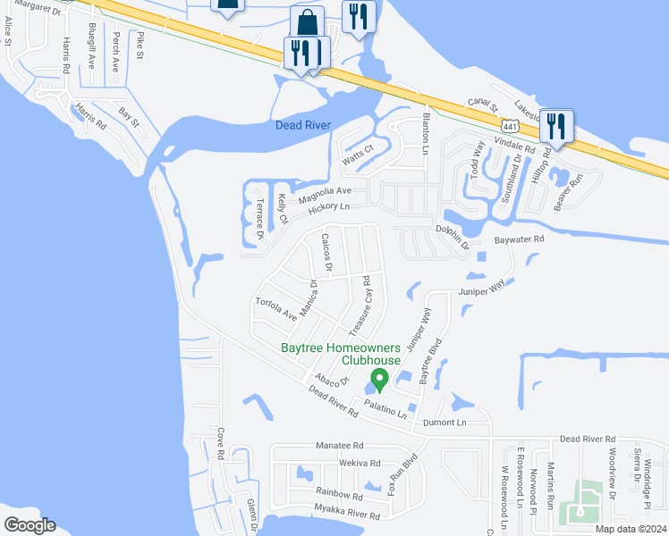 map of restaurants, bars, coffee shops, grocery stores, and more near 4525 Caicos Drive in Tavares
