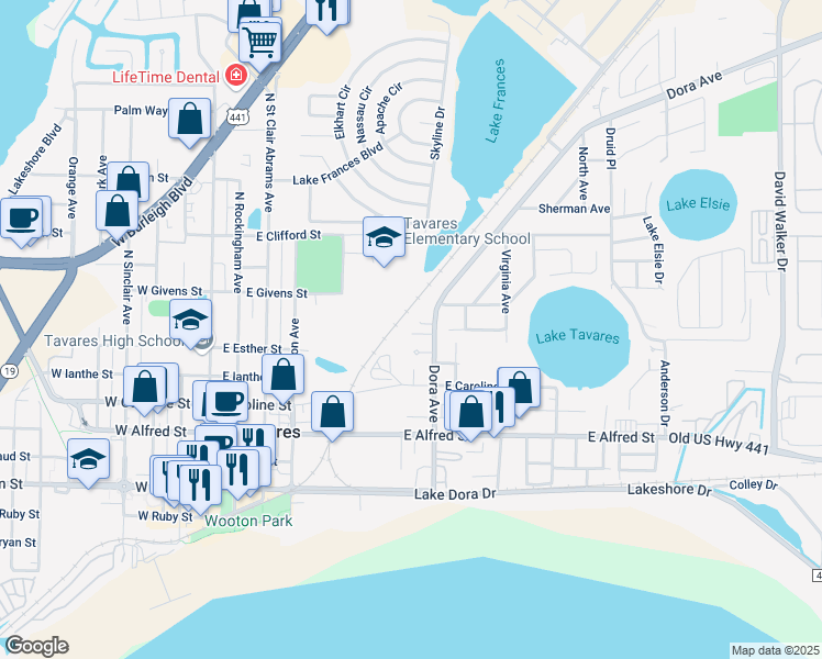 map of restaurants, bars, coffee shops, grocery stores, and more near 805 McLain Court in Tavares