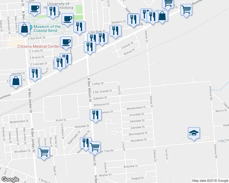 map of restaurants, bars, coffee shops, grocery stores, and more near 3203 East Rio Grande Street in Victoria