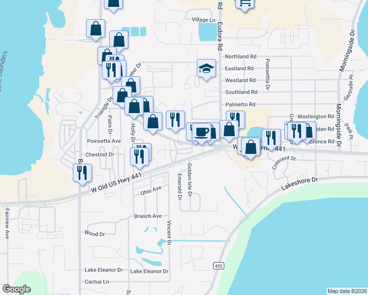 map of restaurants, bars, coffee shops, grocery stores, and more near 14 Circle Drive in Mount Dora