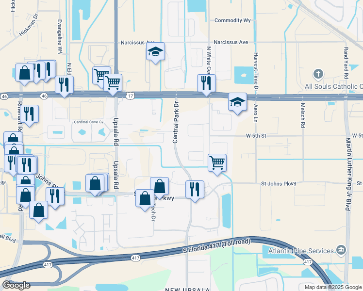 map of restaurants, bars, coffee shops, grocery stores, and more near 501 Central Park Drive in Sanford