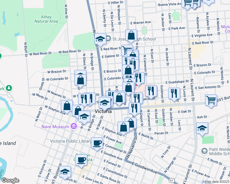map of restaurants, bars, coffee shops, grocery stores, and more near 1401 North De Leon Street in Victoria