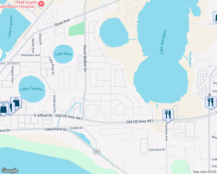 map of restaurants, bars, coffee shops, grocery stores, and more near 2479 Merry Road in Tavares