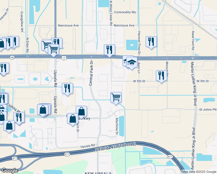 map of restaurants, bars, coffee shops, grocery stores, and more near 210 Cedar Bark Lane in Sanford