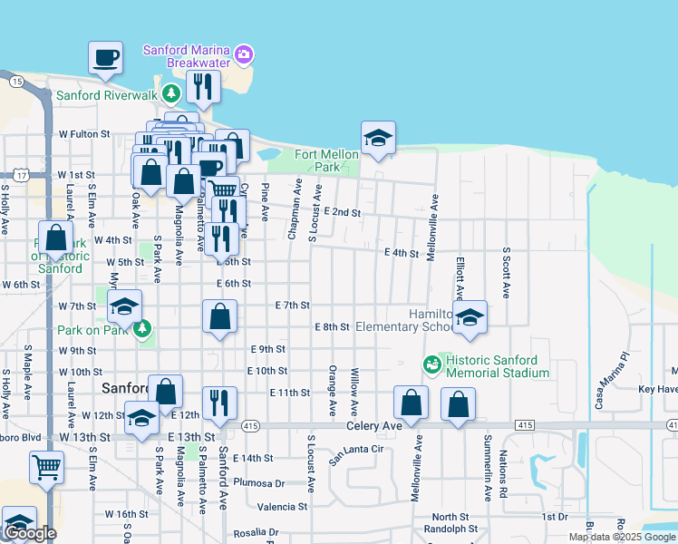 map of restaurants, bars, coffee shops, grocery stores, and more near 413 Orange Avenue in Sanford