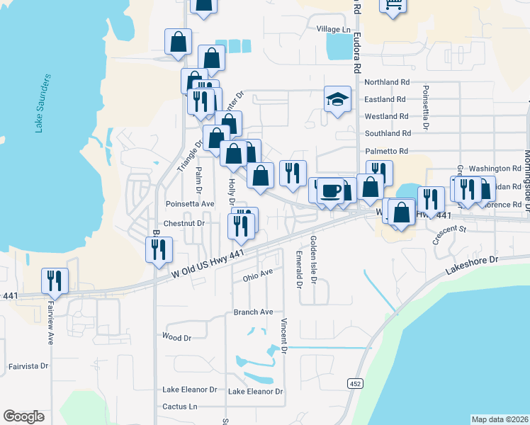 map of restaurants, bars, coffee shops, grocery stores, and more near 3695 Dale Court in Mount Dora