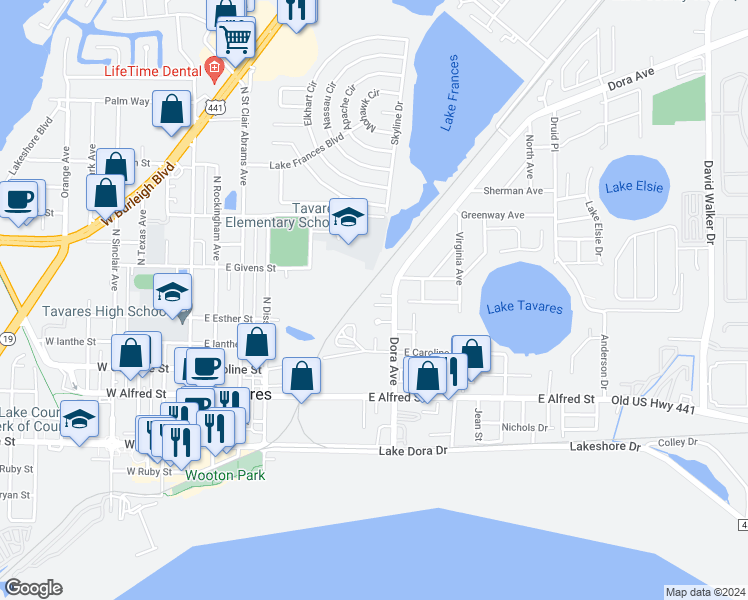 map of restaurants, bars, coffee shops, grocery stores, and more near 807 McLain Court in Tavares