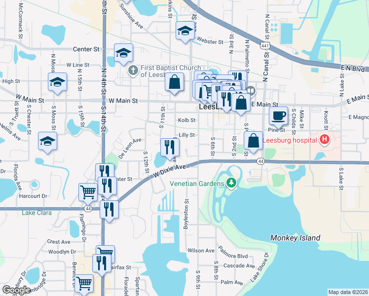map of restaurants, bars, coffee shops, grocery stores, and more near 909 Lilly Street in Leesburg