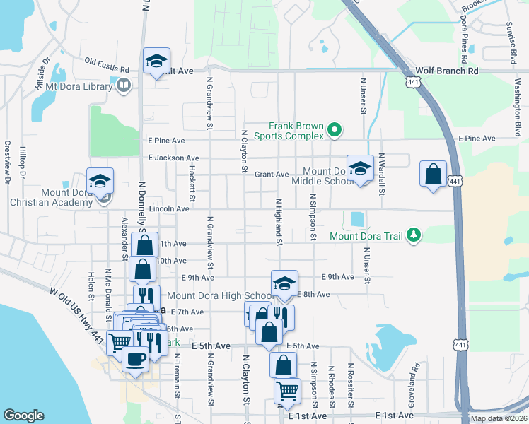 map of restaurants, bars, coffee shops, grocery stores, and more near 808 Lincoln Avenue in Mount Dora